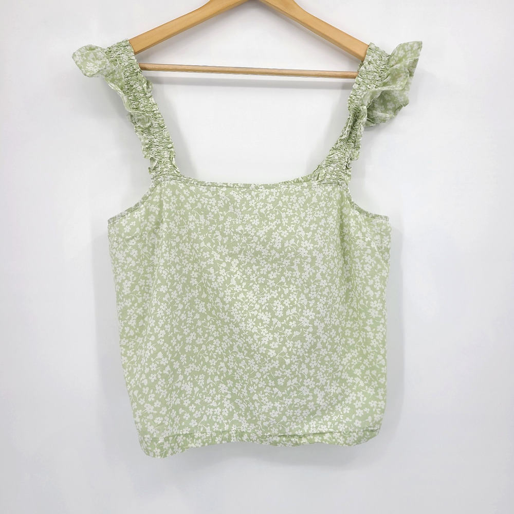 J Crew Smocked Ruffle Shoulder Tank Top Sage Dainty Floral Cottagecore Size L